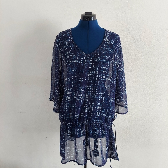 Ariat Tops - Ariat Sheer Cinch Waist Dark Blue/White Blouse
